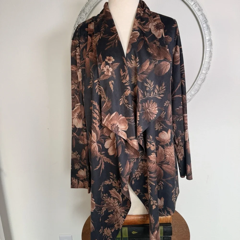 Soft Surroundings Draped Shape Faux Suede Open Front‎ Jacket Botanical Floral S